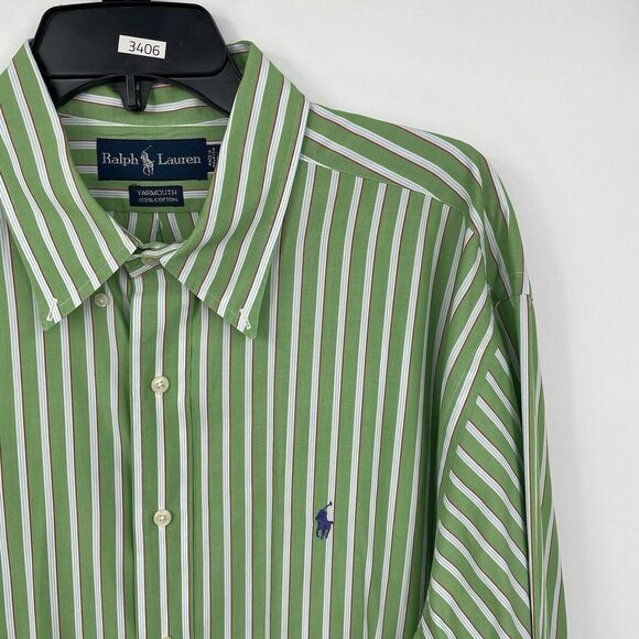 Ralph Lauren Men's Yarmouth Size 17.5 Green Red Stripe Long Sleeve‎ Button Front - Picture 1 of 9